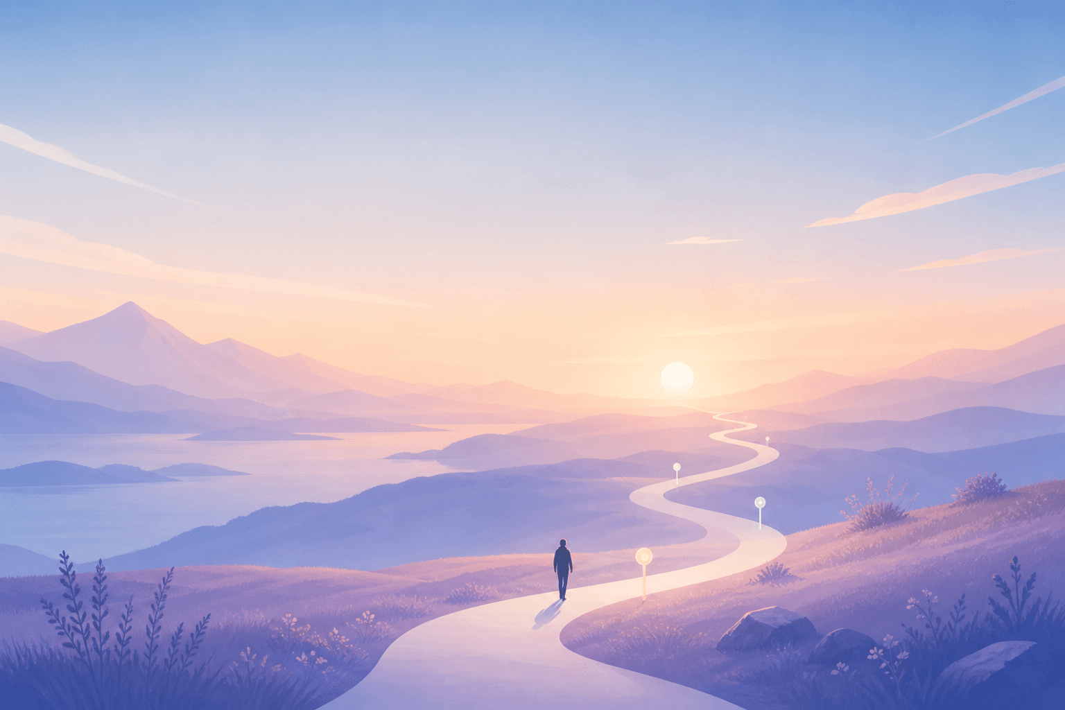 Abstract illustration of a person walking a calm winding path at dawn